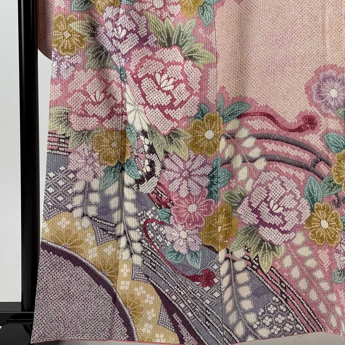 振袖 身丈162cm 裄丈63cm S 袷 花車 牡丹 総絞り ピンク 正絹 名品