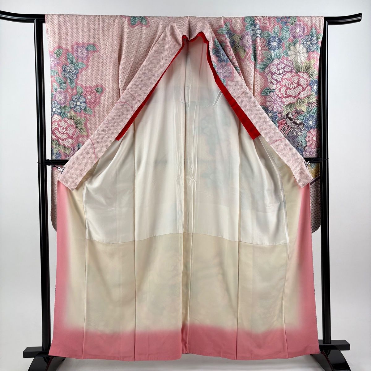 振袖 身丈162cm 裄丈63cm S 袷 花車 牡丹 総絞り ピンク 正絹 名品