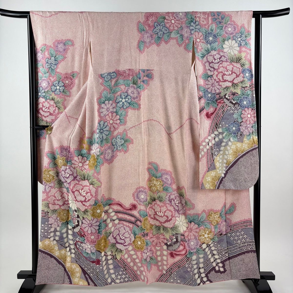 振袖 身丈162cm 裄丈63cm S 袷 花車 牡丹 総絞り ピンク 正絹 名品