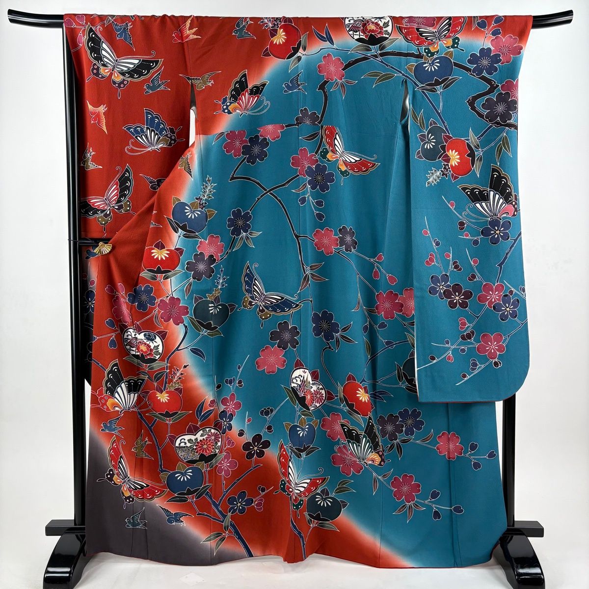 振袖 身丈167cm 裄丈69.5cm L 袷 橘 蝶 染め分け 縮緬 赤茶 正絹 名品