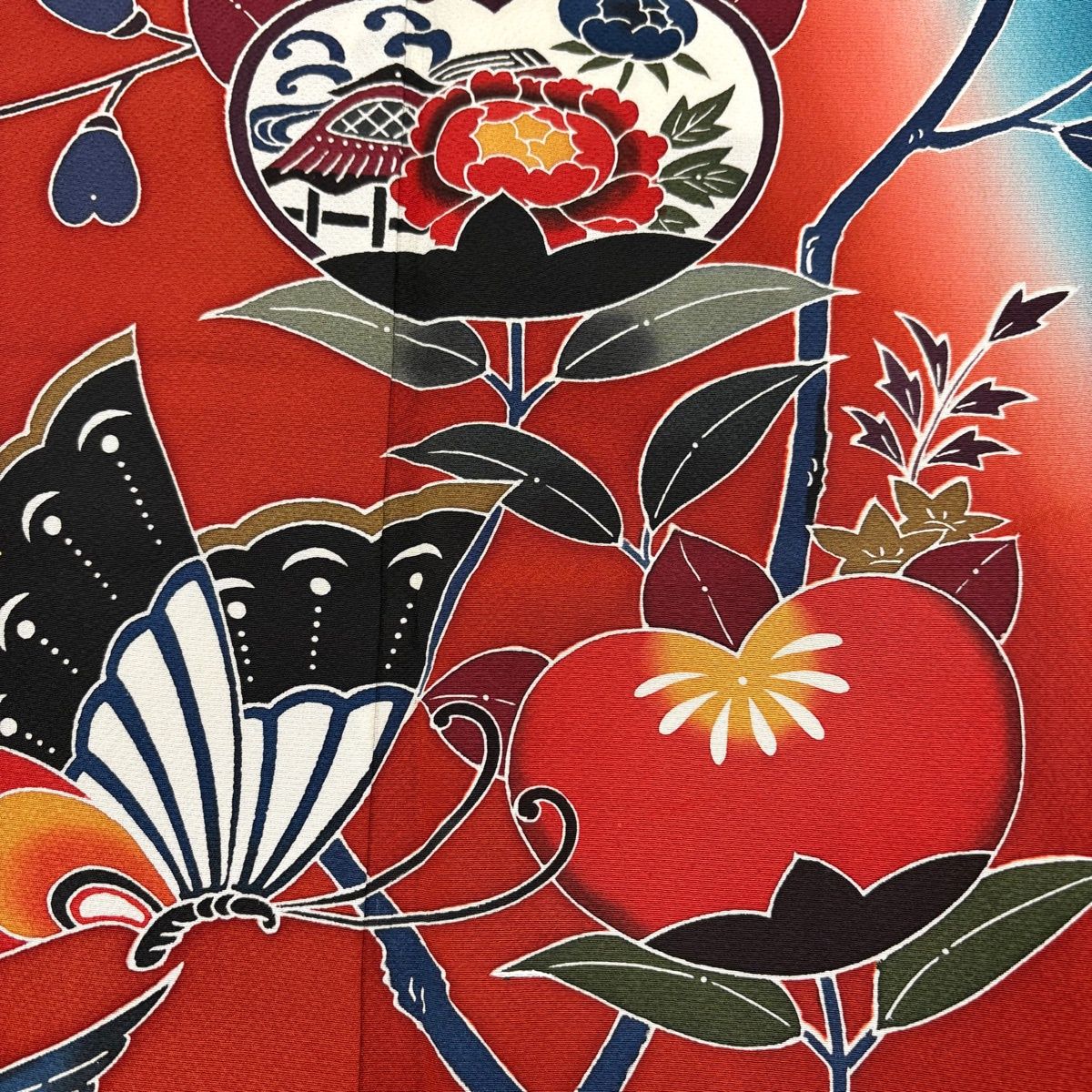 振袖 身丈167cm 裄丈69.5cm L 袷 橘 蝶 染め分け 縮緬 赤茶 正絹 名品