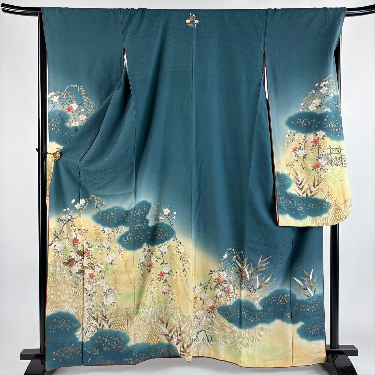 は*ー様 振袖 裄67 作家物 セミアンティーク 一つ紋 青海波に花柄金彩正絹T 振袖 身丈161cm 裄丈68.5cm L 袷 やまと 小舟 桜 金彩 ぼかし 青緑