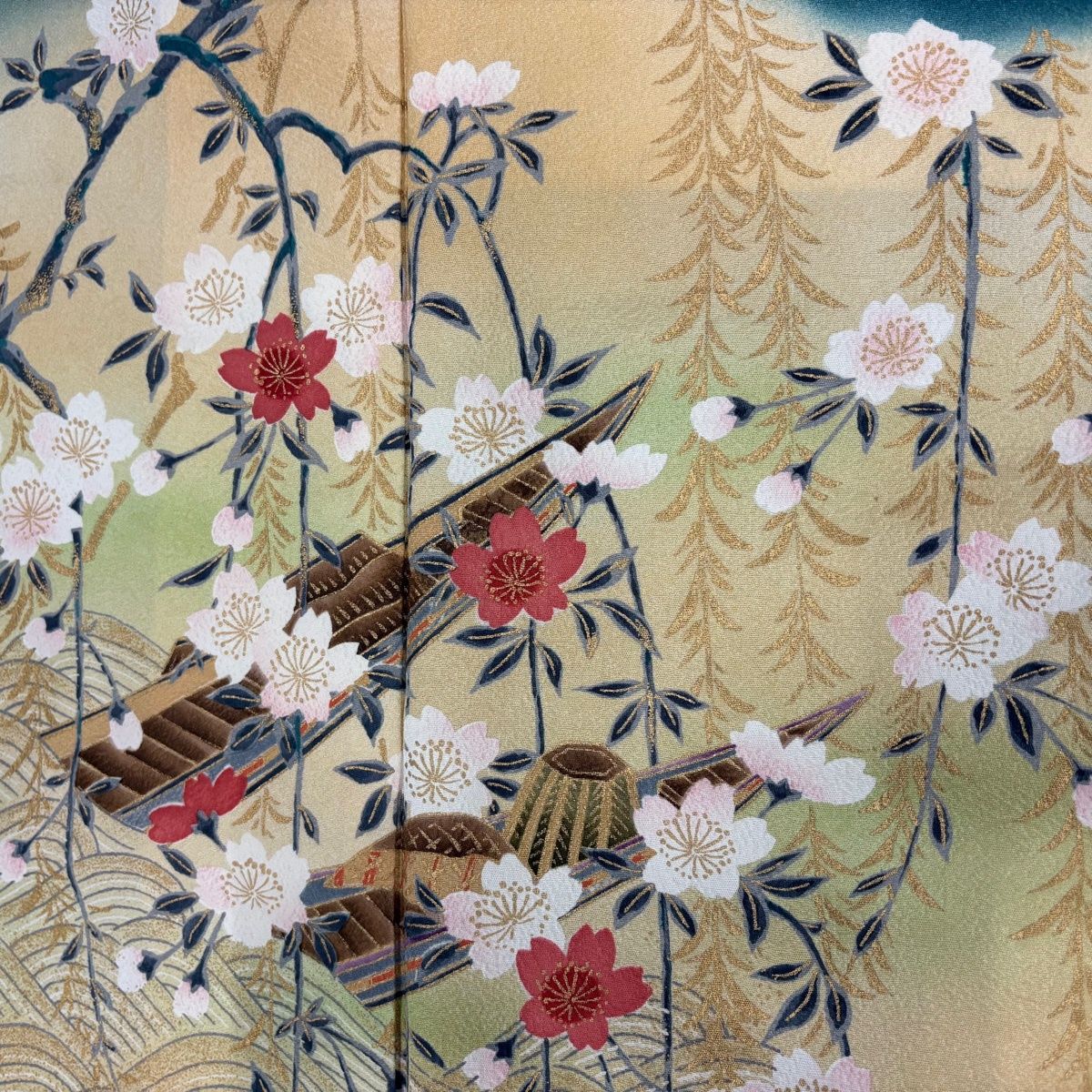 振袖 身丈161cm 裄丈68.5cm L 袷 やまと 小舟 桜 金彩 ぼかし 青緑