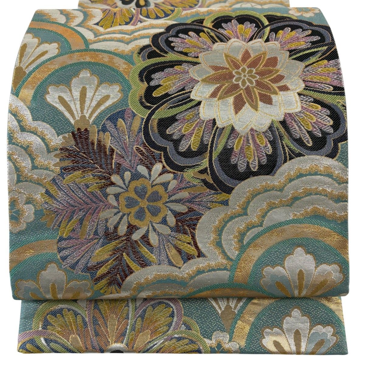 美品】 袋帯 秀品 華文 青海波 金銀糸 箔 薄緑 六通 正絹 【中古 美品】 袋帯 秀品 華文 青海波 金銀糸 箔 薄緑 六通 正絹 【中古