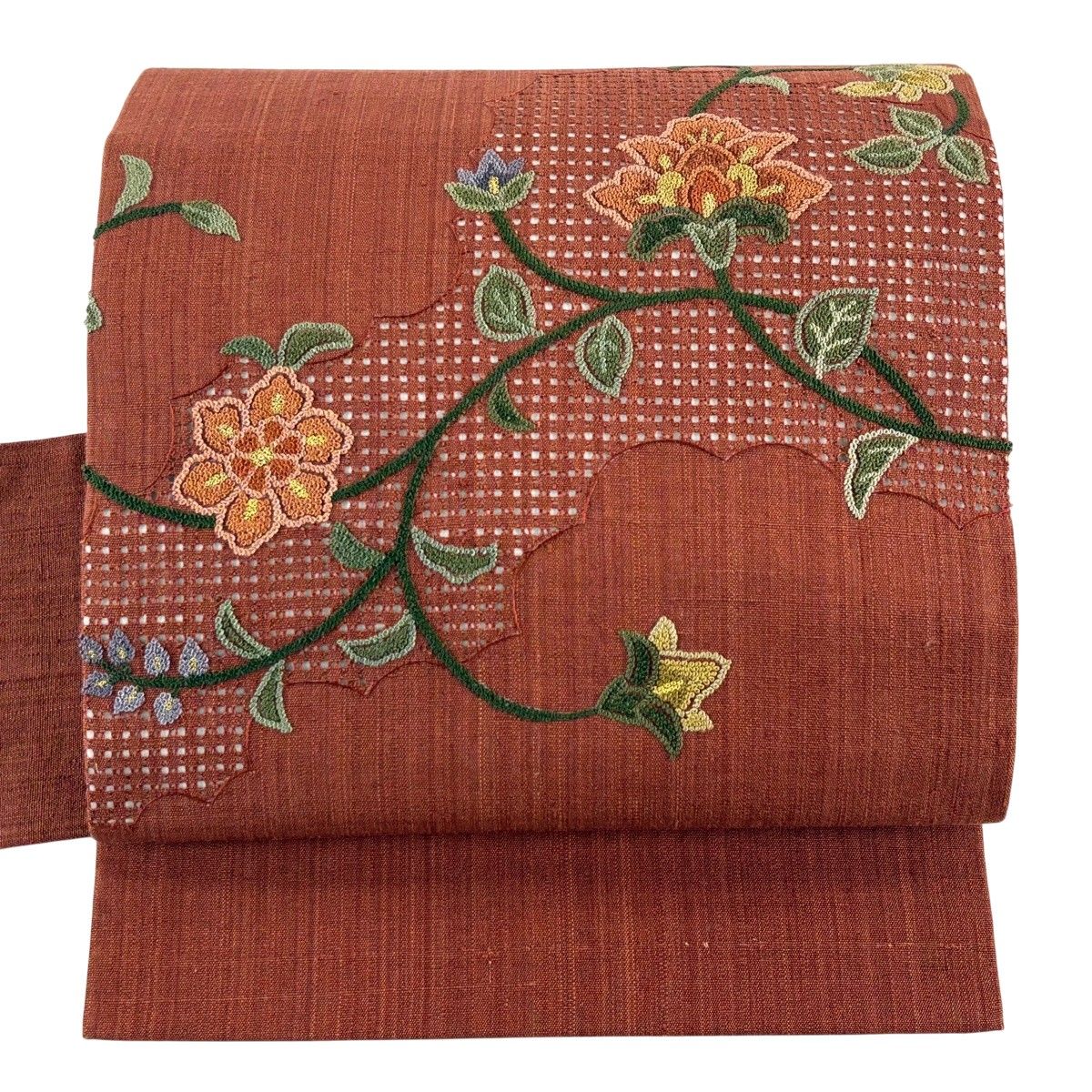 名古屋帯 秀品 紬地 花唐草 雲文 相良刺繍 金糸 茶色 正絹 【中古