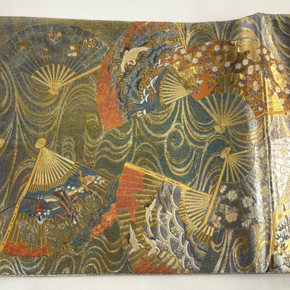 袋帯 秀品 徳川美術館秘蔵 扇 花鳥 金糸 箔 金色 お太鼓柄 正絹 【中古