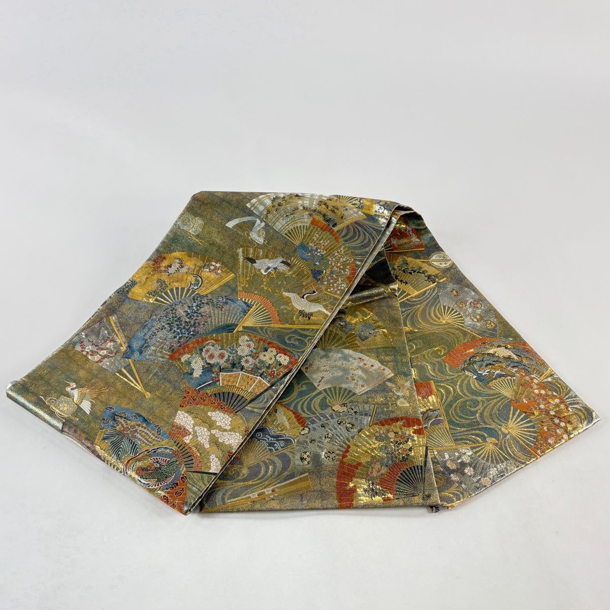 袋帯 美品 逸品 引箔本金紹巴 菱重ね鏡文 金糸 金色 お太鼓柄 正絹 袋帯 秀品 徳川美術館秘蔵 扇 花鳥 金糸 箔 金色 お太鼓柄 正絹 【中古