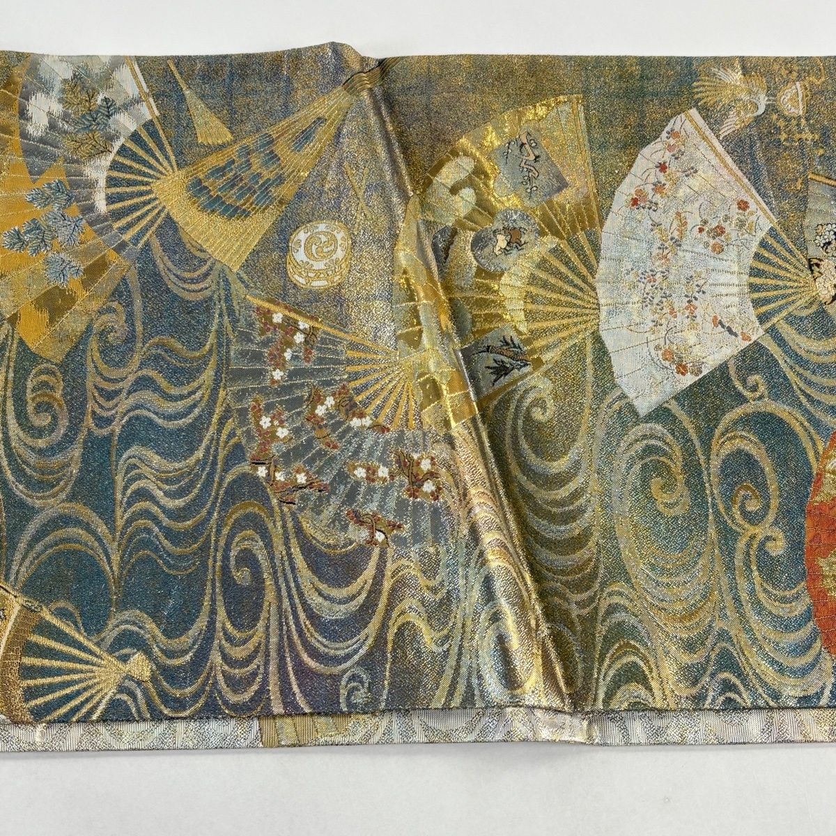 袋帯 秀品 徳川美術館秘蔵 扇 花鳥 金糸 箔 金色 お太鼓柄 正絹 【中古