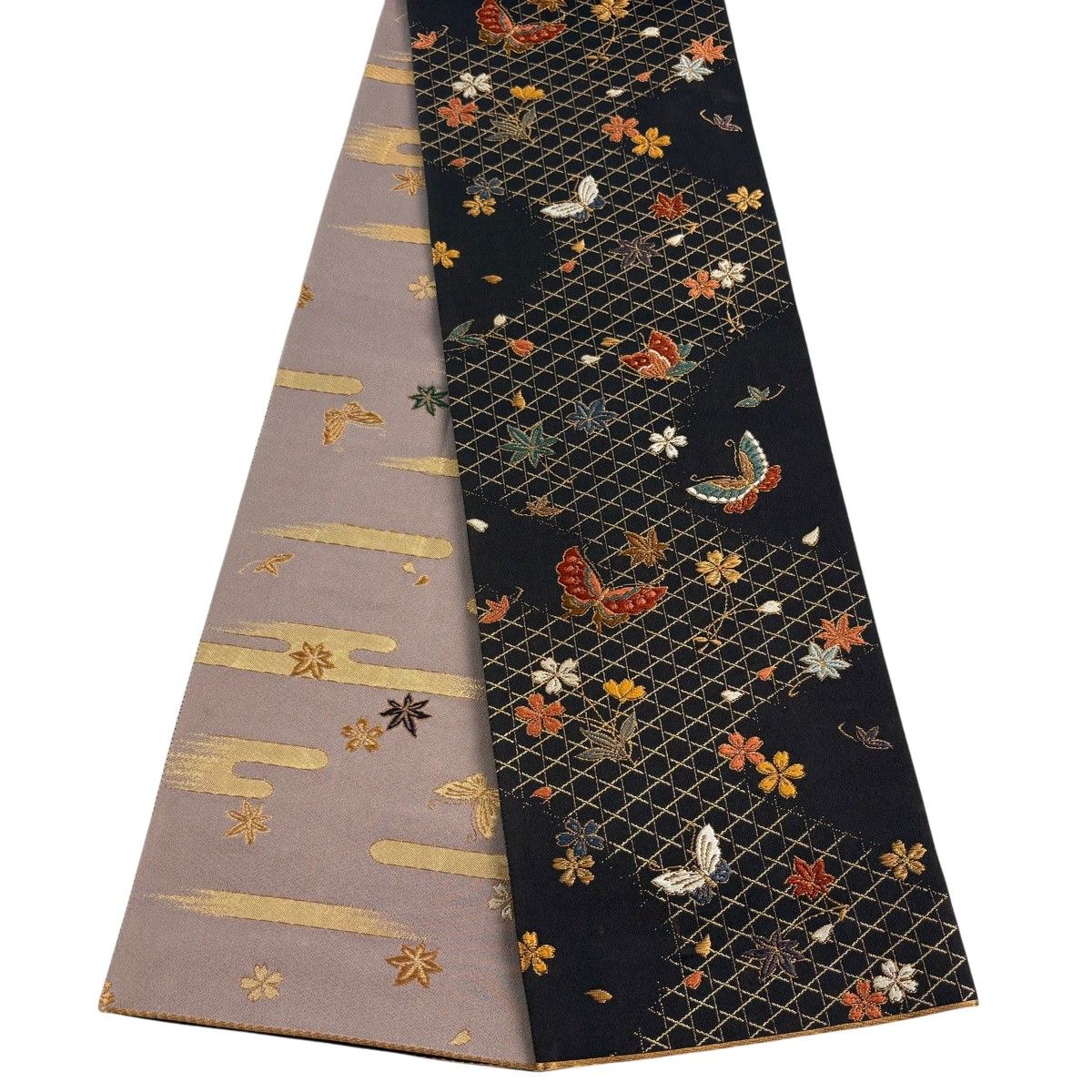 美品】半幅帯 優品 せいこ花帯 蝶 桜 金糸 箔 茶紫 正絹 【中古