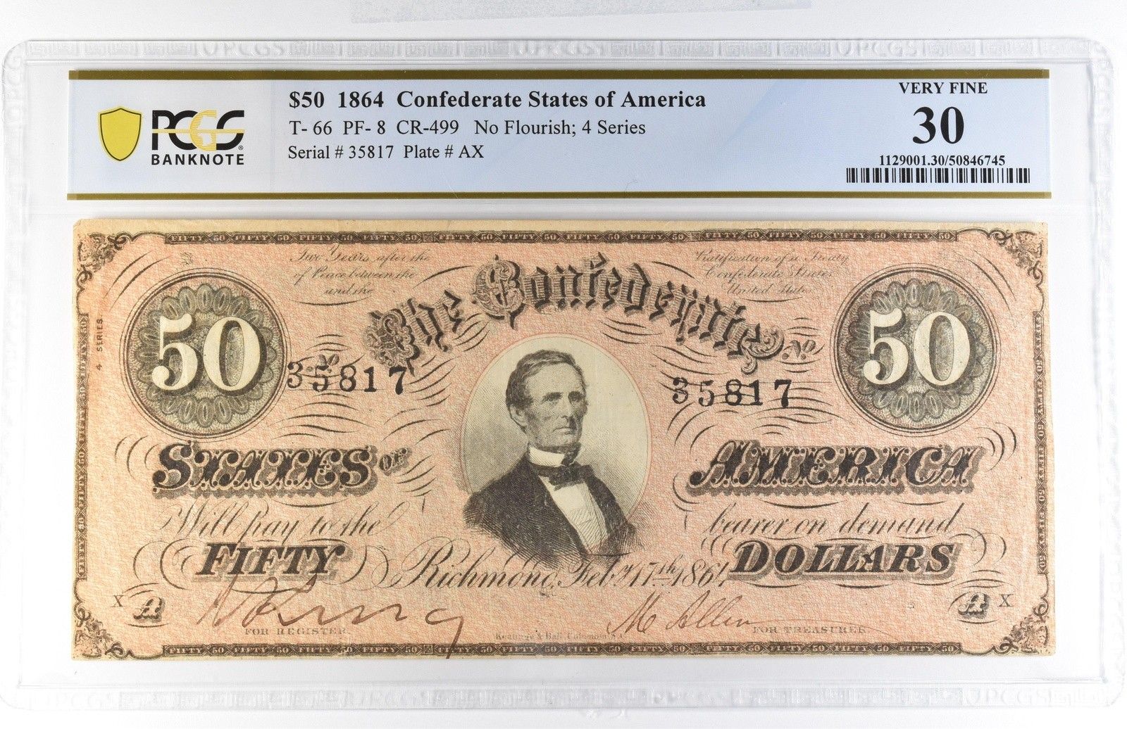 1864年 $500 アメリカ連合軍 T-64 PMG VF201864年 アメリカ連合国 T-69