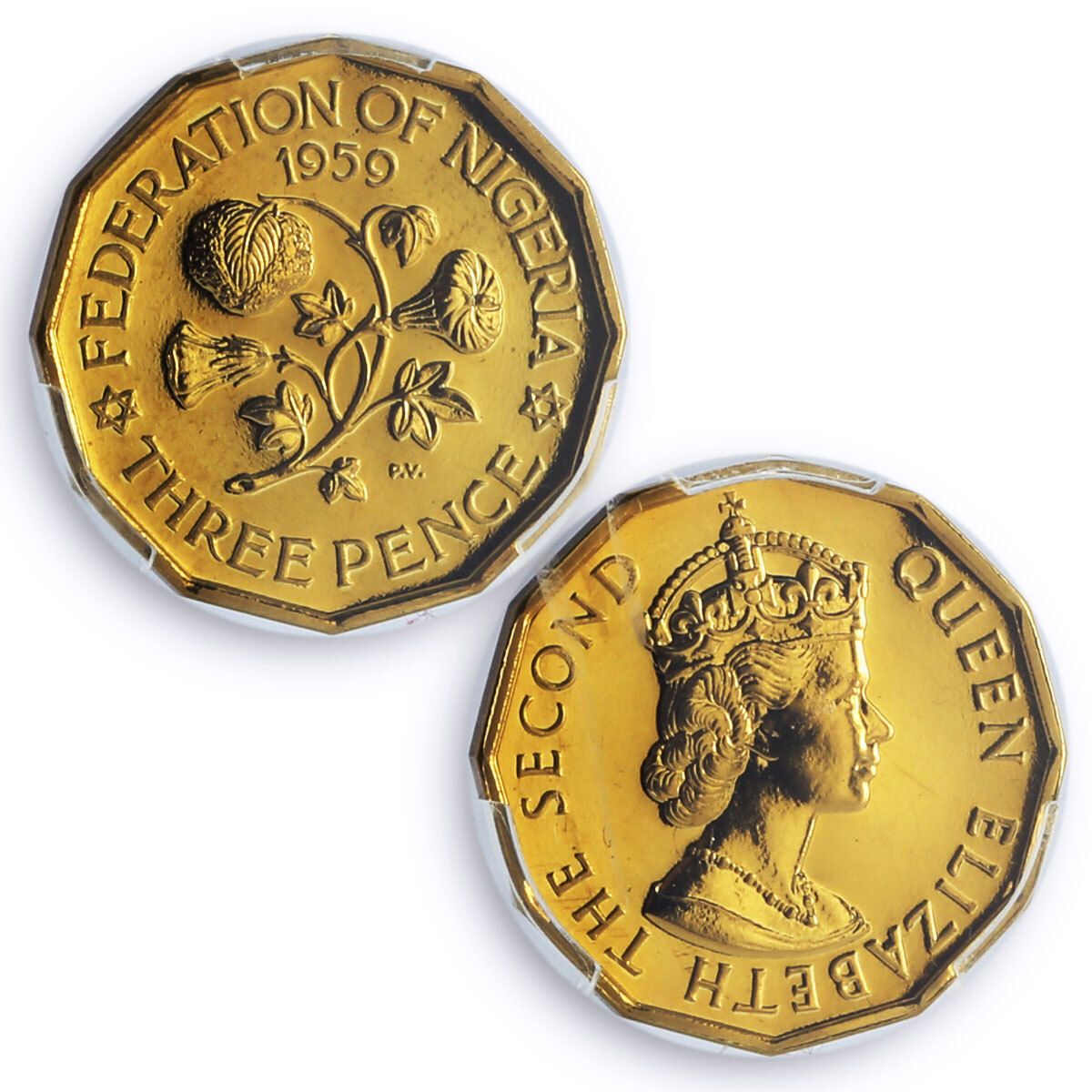 ナイジェリア 3ペンス 連邦貨幣 エリザベス女王 PR66 PCGS ブロンズ