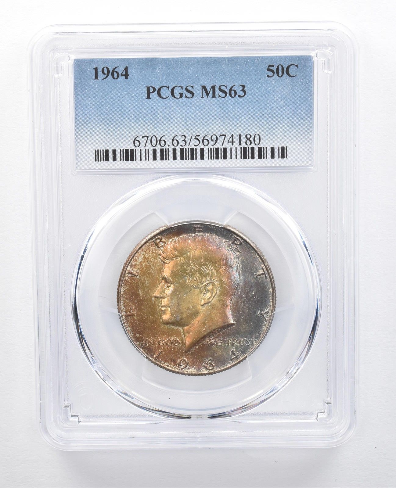 1964年 ケネディ ハーフダラー MS63 PCGS イエロー/ブルー T *7695