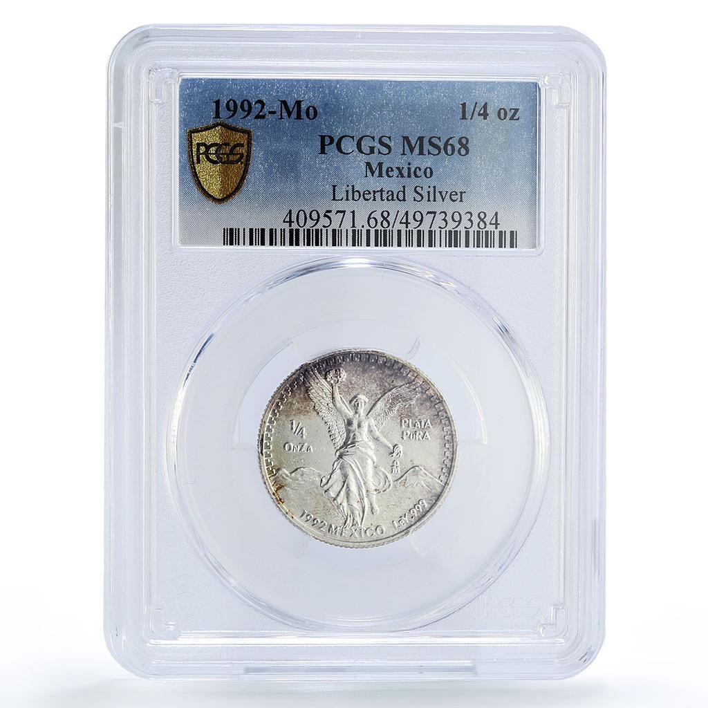 メキシコ 1/4 オンザ リベルタッド 独立の天使 MS68 PCGS 銀貨 1992年
