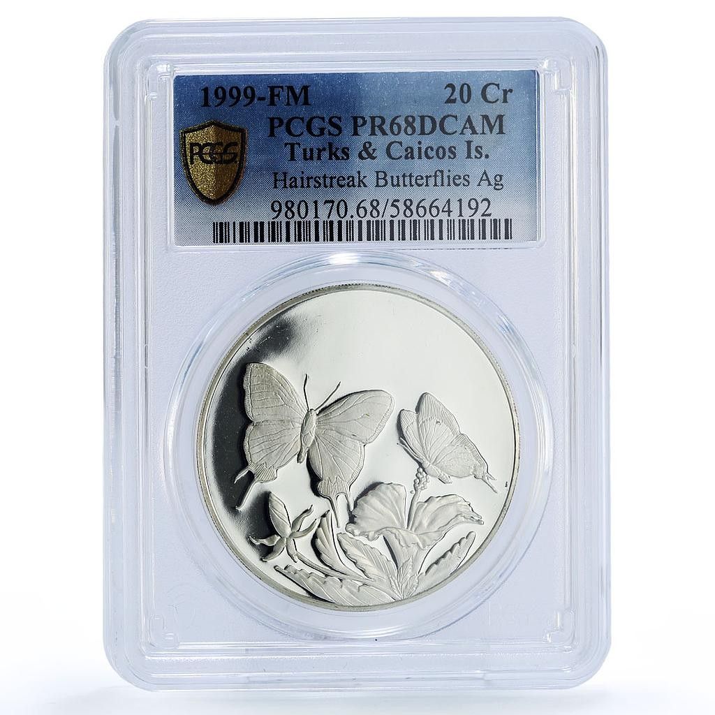 タークス・カイコス諸島 20クラウン 蝶 動物 PR 68 PCGS 銀貨 1999年