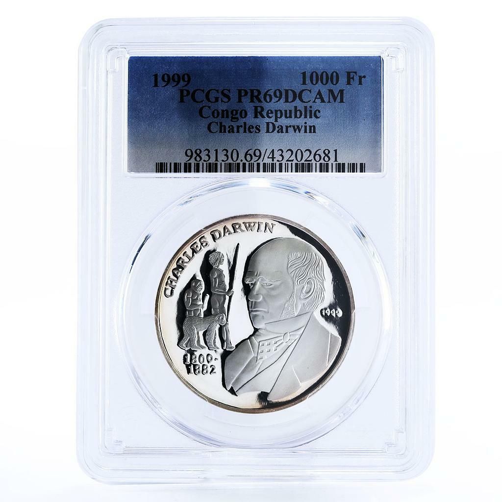 コンゴ 1000フラン イギリス博物学者チャールズ・ダーウィン PR69 PCGS