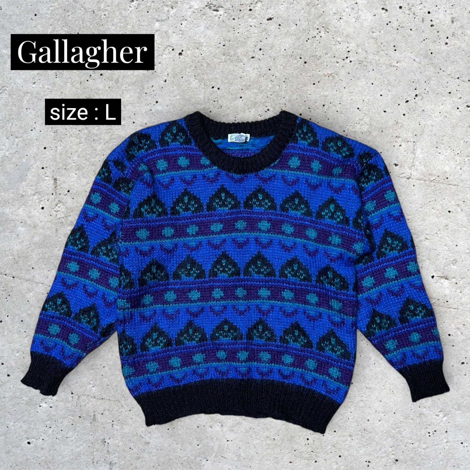 トップス 80s 90s Gallagher mohair Knit vintage L Gallagher モヘア混 ニットセーター 総柄 ブルー系 L ヴィンテージ