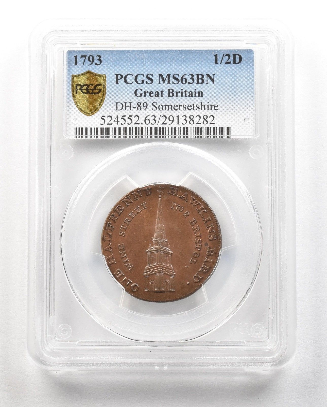 1793年 イギリス 1/2ペニー DH-89 サマセットシャー MS63 BN PCGS