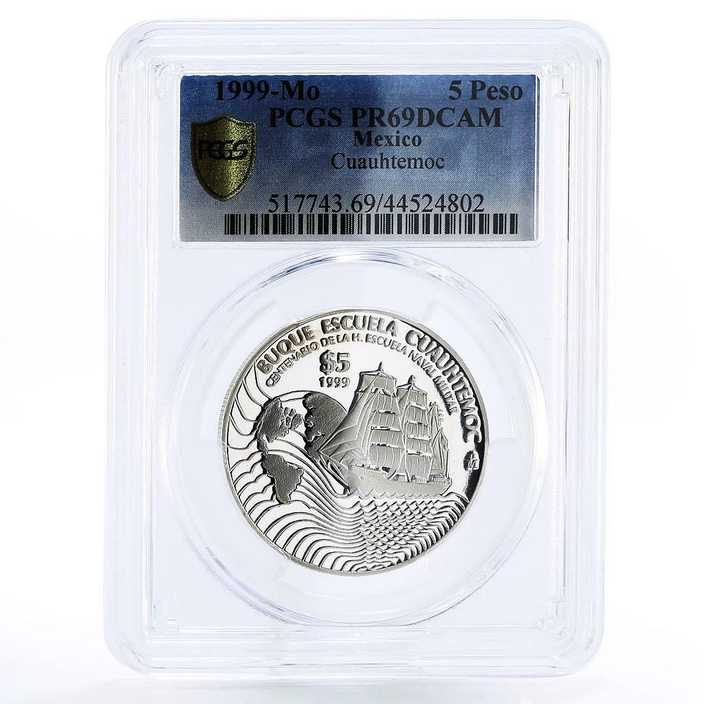 メキシコ 5ペソ 海軍練習船クアウテモック PR69 PCGS プルーフ銀貨