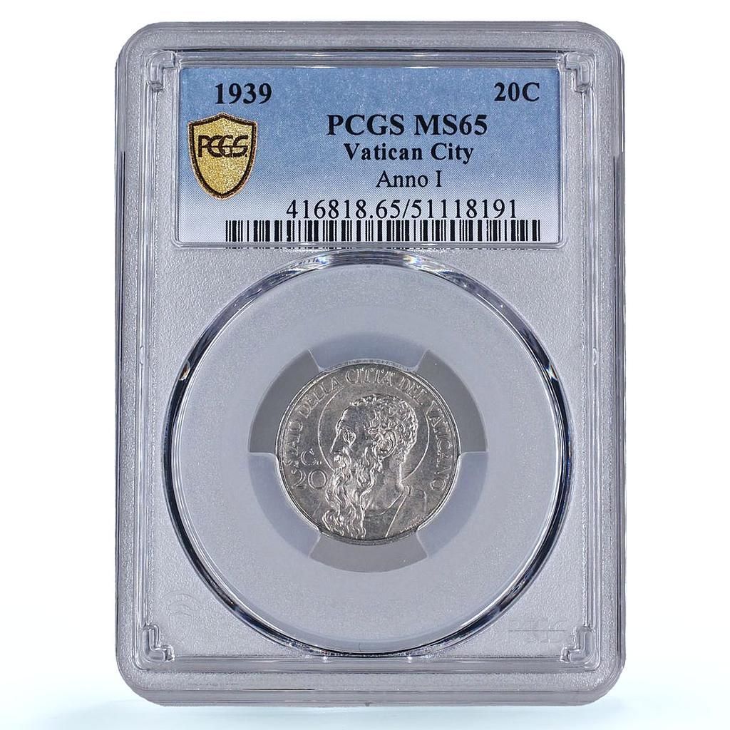 イタリア バチカン 20 センテシミ 教皇ピ12世 聖パウロ MS65 PCGS