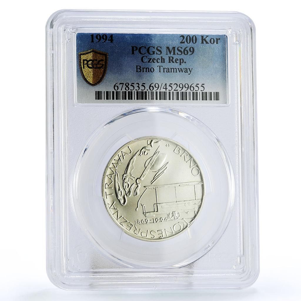 チェコ共和国 200コルナ ブルノの路面電車 鉄道 MS69 PCGS 銀貨 1994年