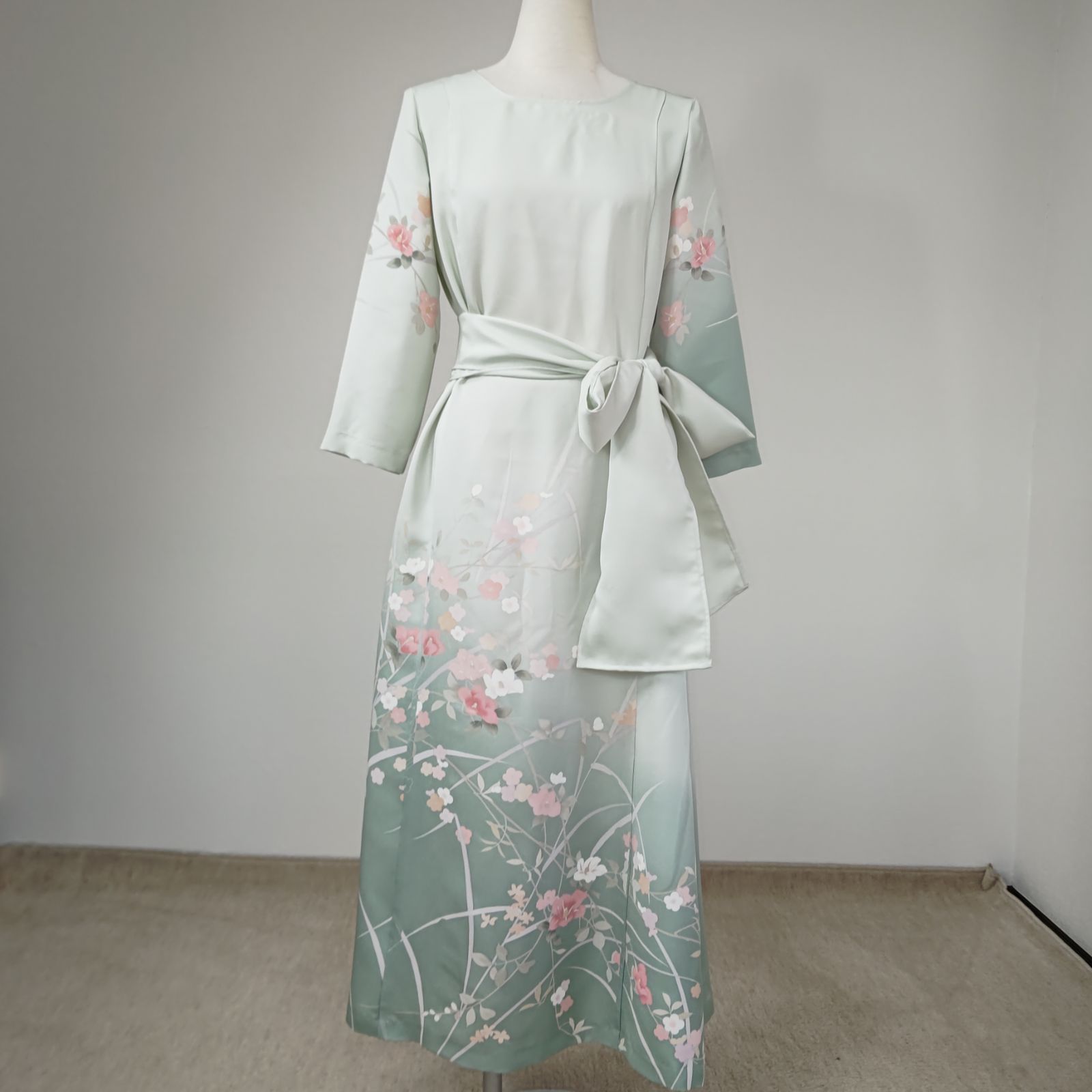 zunezune 訪問着ドレス 7分袖 着物リメイクワンピース 薄緑 - メルカリ