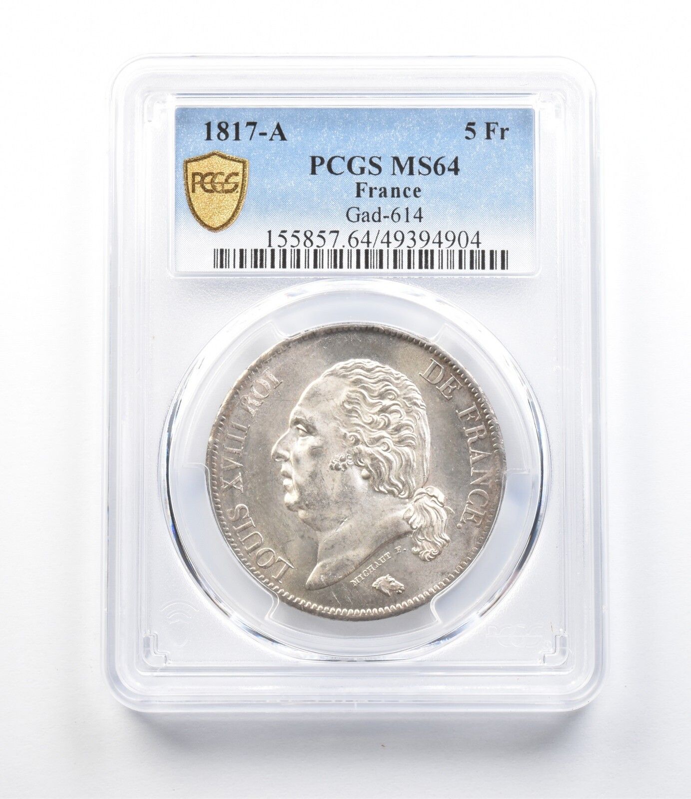 ハート】 🎽 1823-A 5 フラン銀貨、未流通、PCGS 認定 MS-61