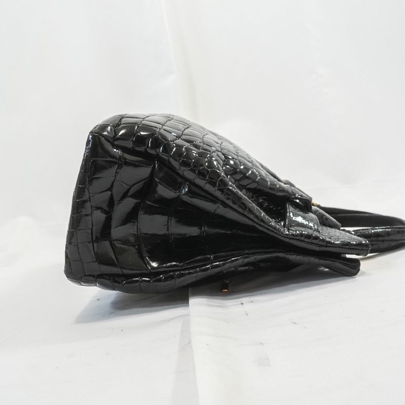 本物JRA認定】クロコダイル ハンドバッグ シャイニー ブラック 艶 ワニ 