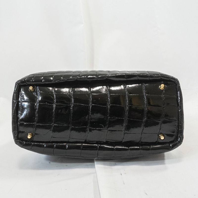 本物JRA認定】クロコダイル ハンドバッグ シャイニー ブラック 艶 ワニ