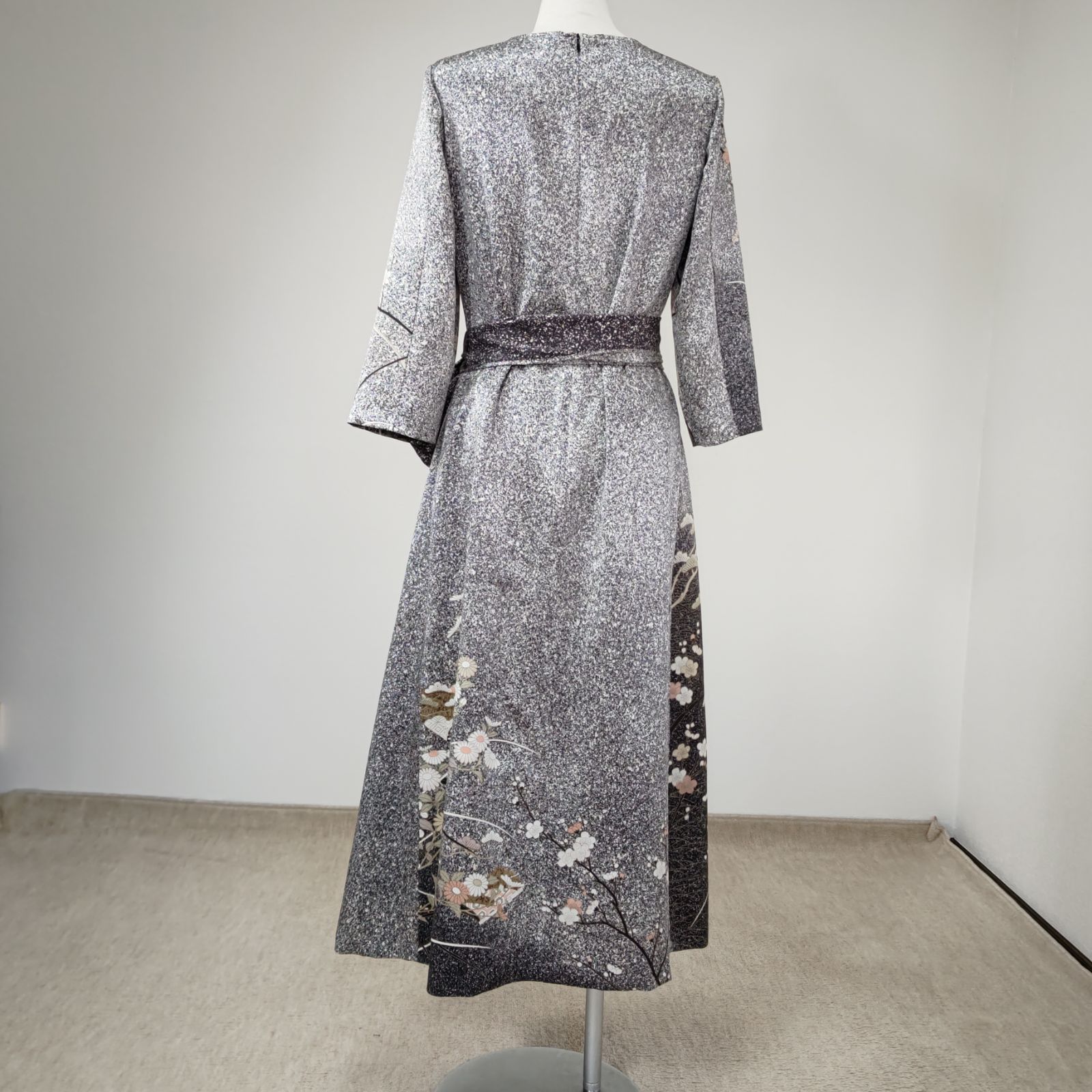 zunezune 訪問着ドレス 7分袖 着物リメイクワンピース 黒まだら - メルカリ