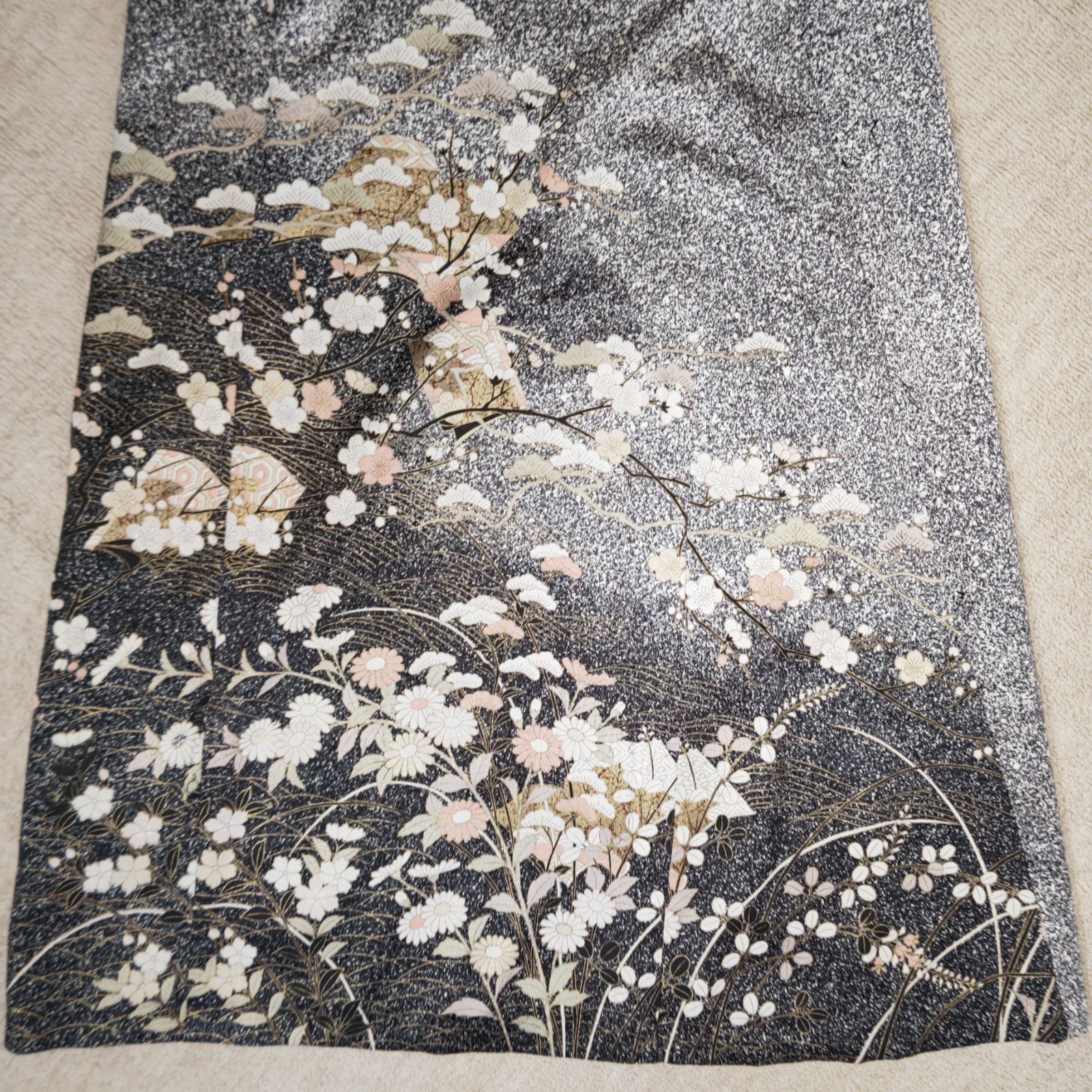 zunezune 訪問着ドレス 7分袖 着物リメイクワンピース 黒まだら - メルカリ