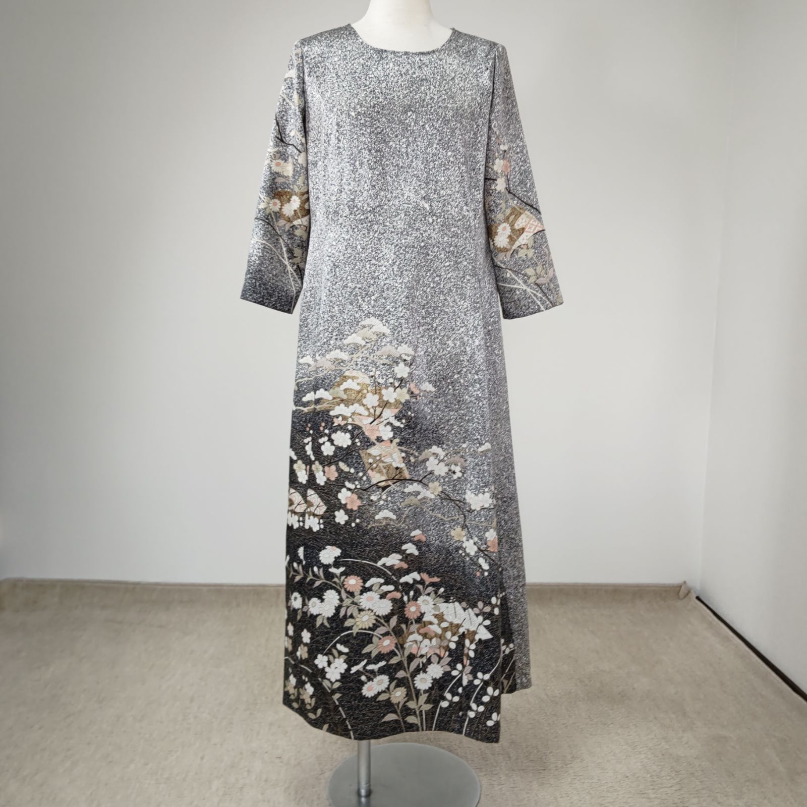 zunezune 訪問着ドレス 7分袖 着物リメイクワンピース 黒まだら - メルカリ