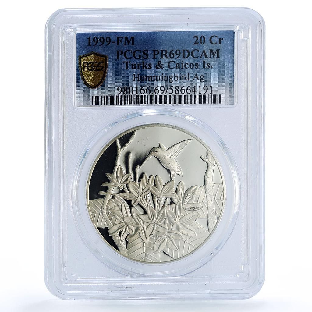 タークス・カイコス諸島 20クラウン ハチドリ動物相 PR 69 PCGS 銀貨