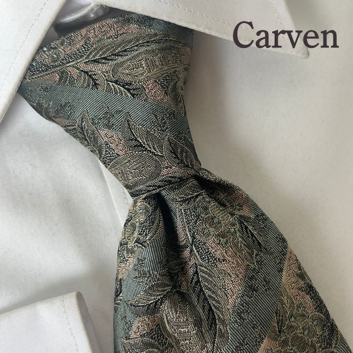 美品》Carven(カルヴェン) シルクネクタイ 総柄 ストライプ ボタニカル