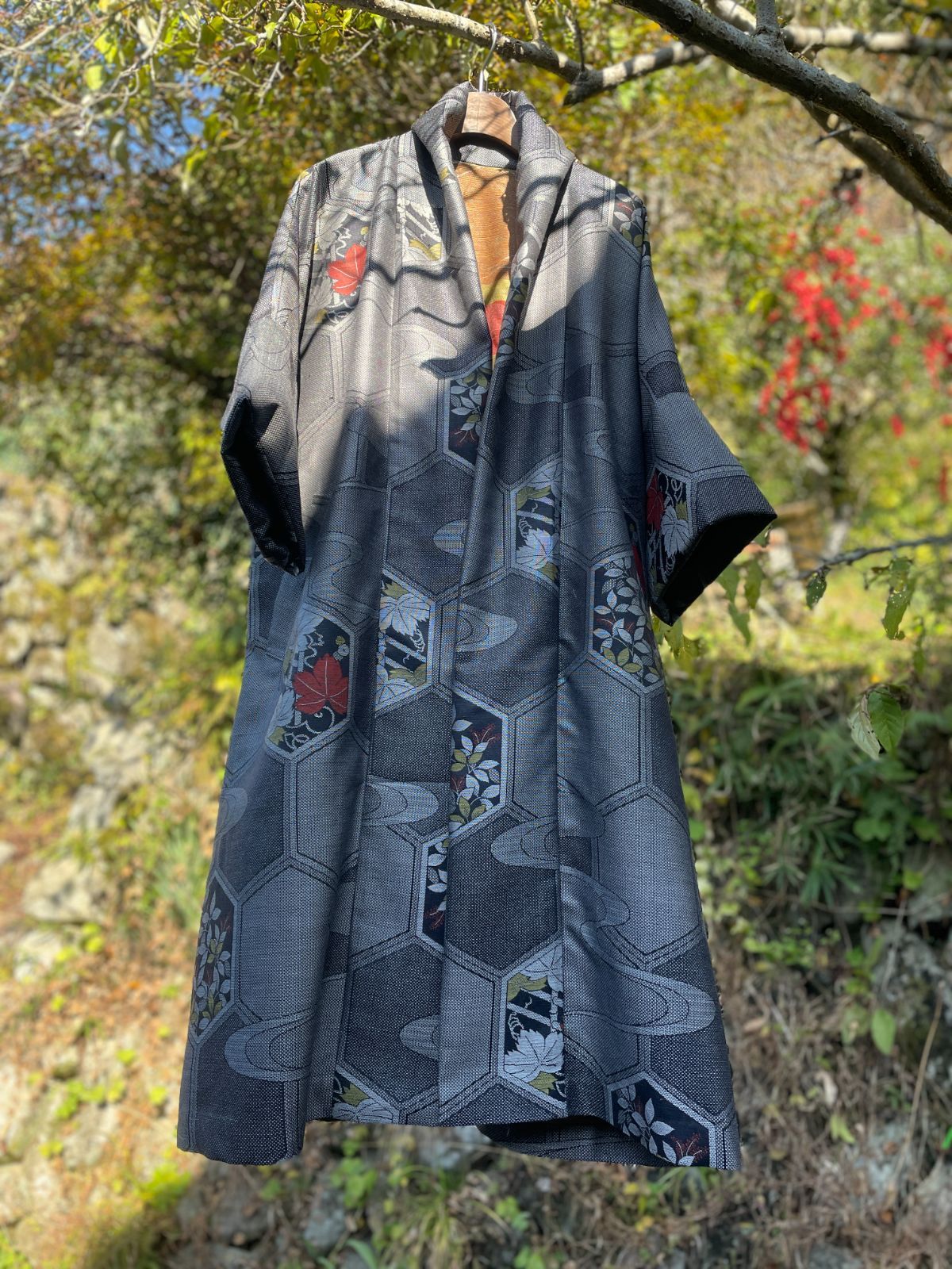 サンプル品特価紬着物リメイク単衣スリーシーズンコート七分袖coat 