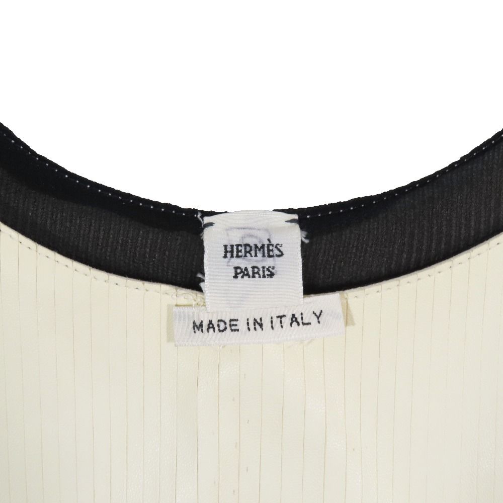 美品 HERMES エルメス ラムスキン レザー シルク 切替 ノースリーブ