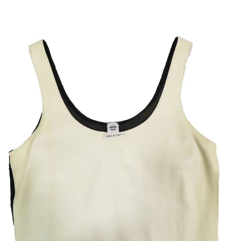 美品 HERMES エルメス ラムスキン レザー シルク 切替 ノースリーブ