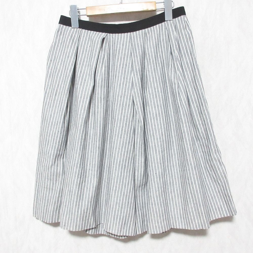 美品 Drawer ドゥロワー ストライプ リネンコットン ひざ丈 タック