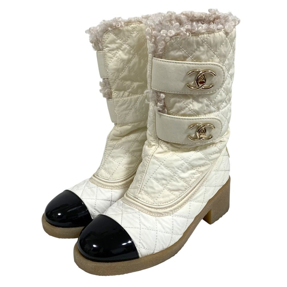 【匿名】CHANEシャネル マトラッセ ボア ショートブーツ 良品 CHANEL シャネル マトラッセ ターンロック ボア ショートブーツ