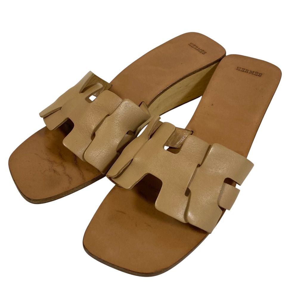 良品 HERMES エルメス ウッド ウェッジソール Hモチーフ サンダル