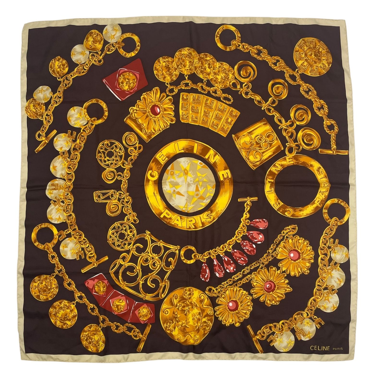 美品 CELINE セリーヌ スカーフ シルク チェーン ジュエリー ブラウン