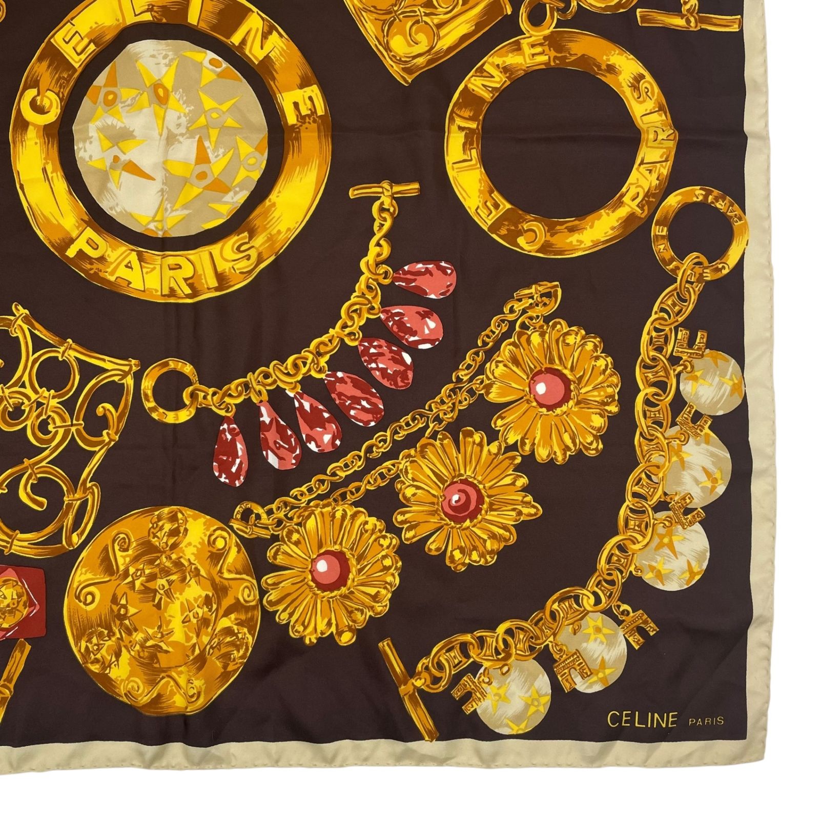 美品 CELINE セリーヌ スカーフ シルク チェーン ジュエリー ブラウン