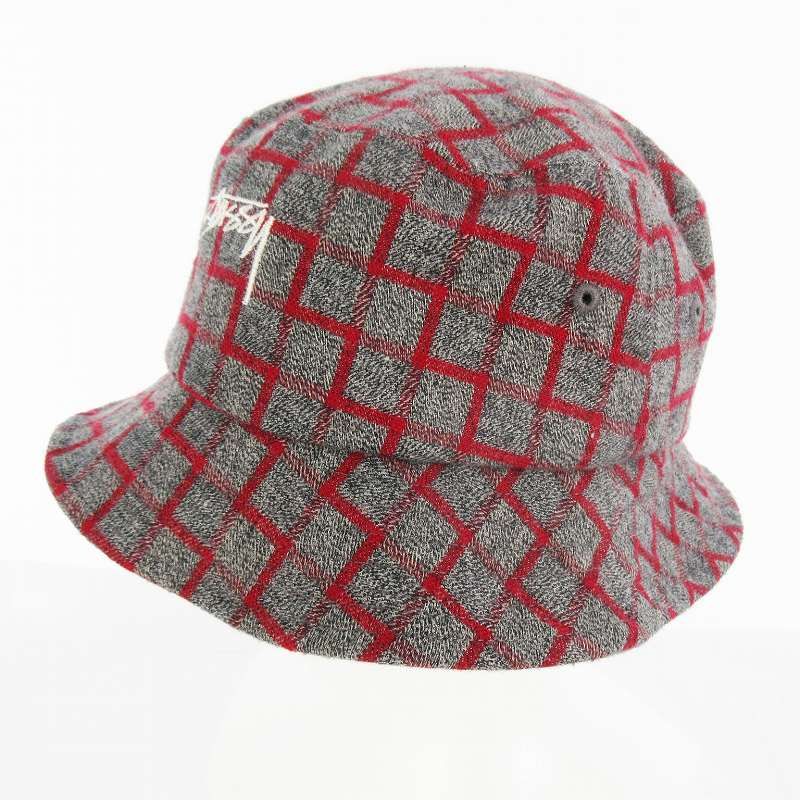 ステューシー STUSSY バケット ハット 幾何学模様 チェック ロゴ 刺繍