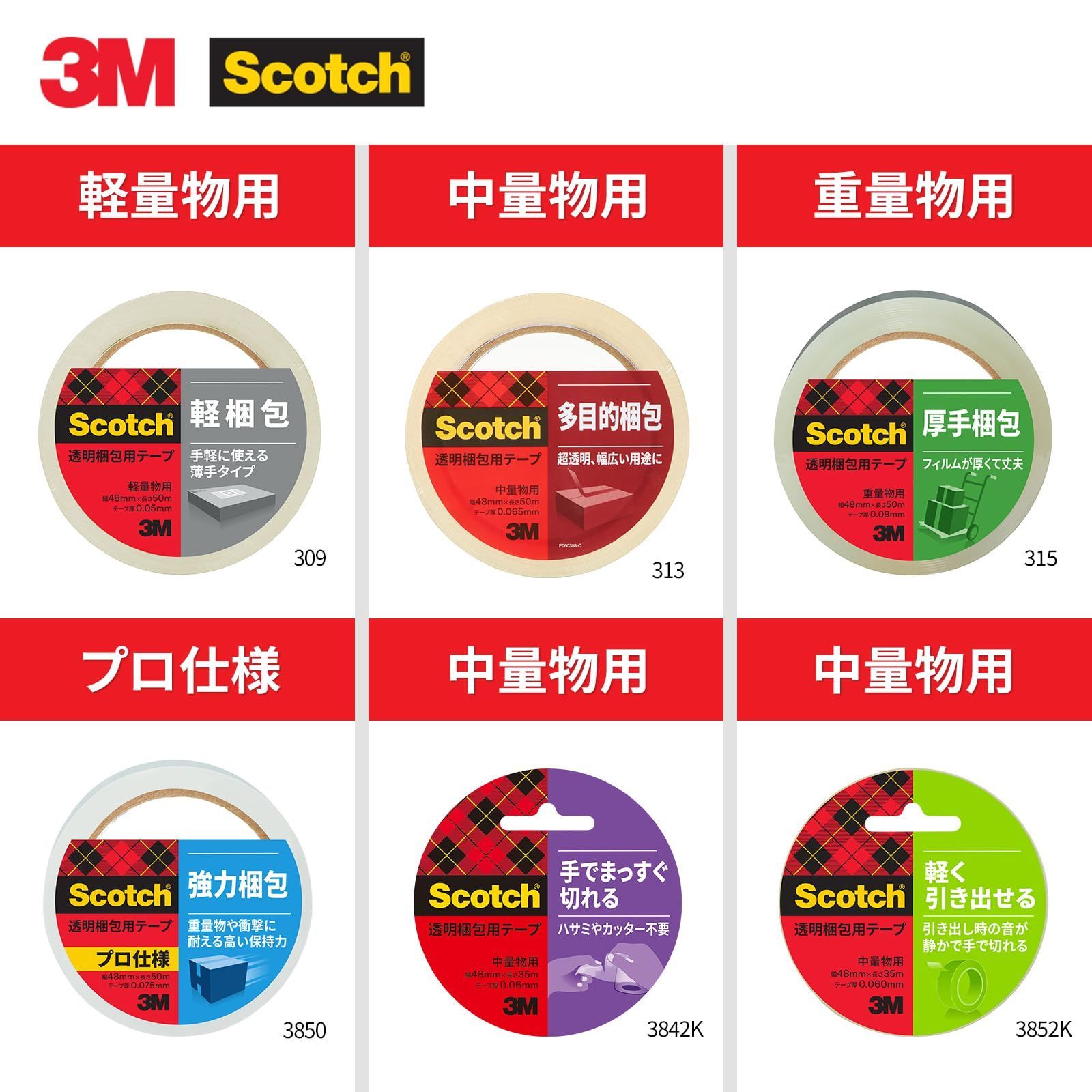 3M スコッチ ガムテープ 梱包テープ 中軽量用 48mm×50m 8巻パック 313
