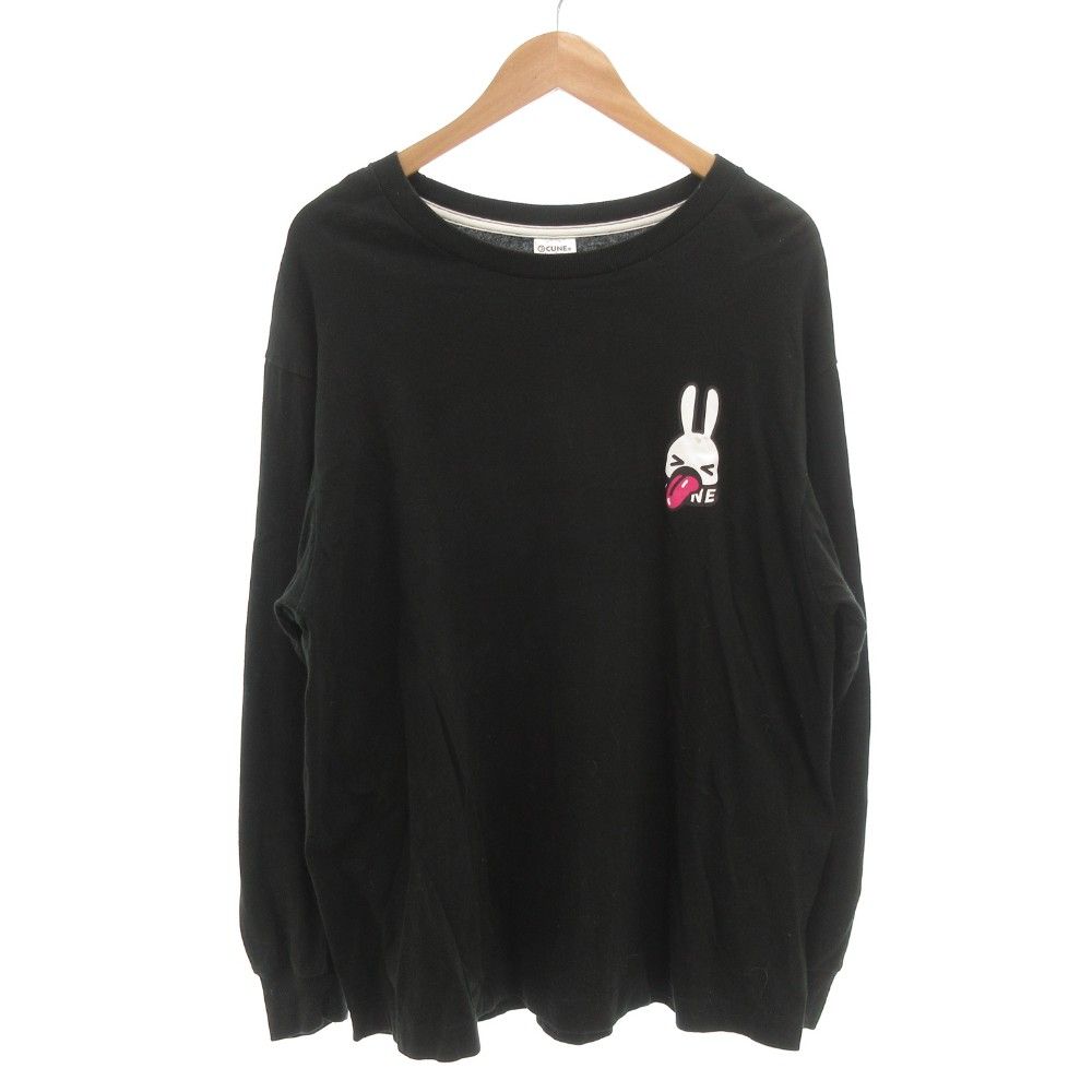 キューン CUNE Tシャツ 長袖 ロンT クルーネック XL うさぎプリント 黒
