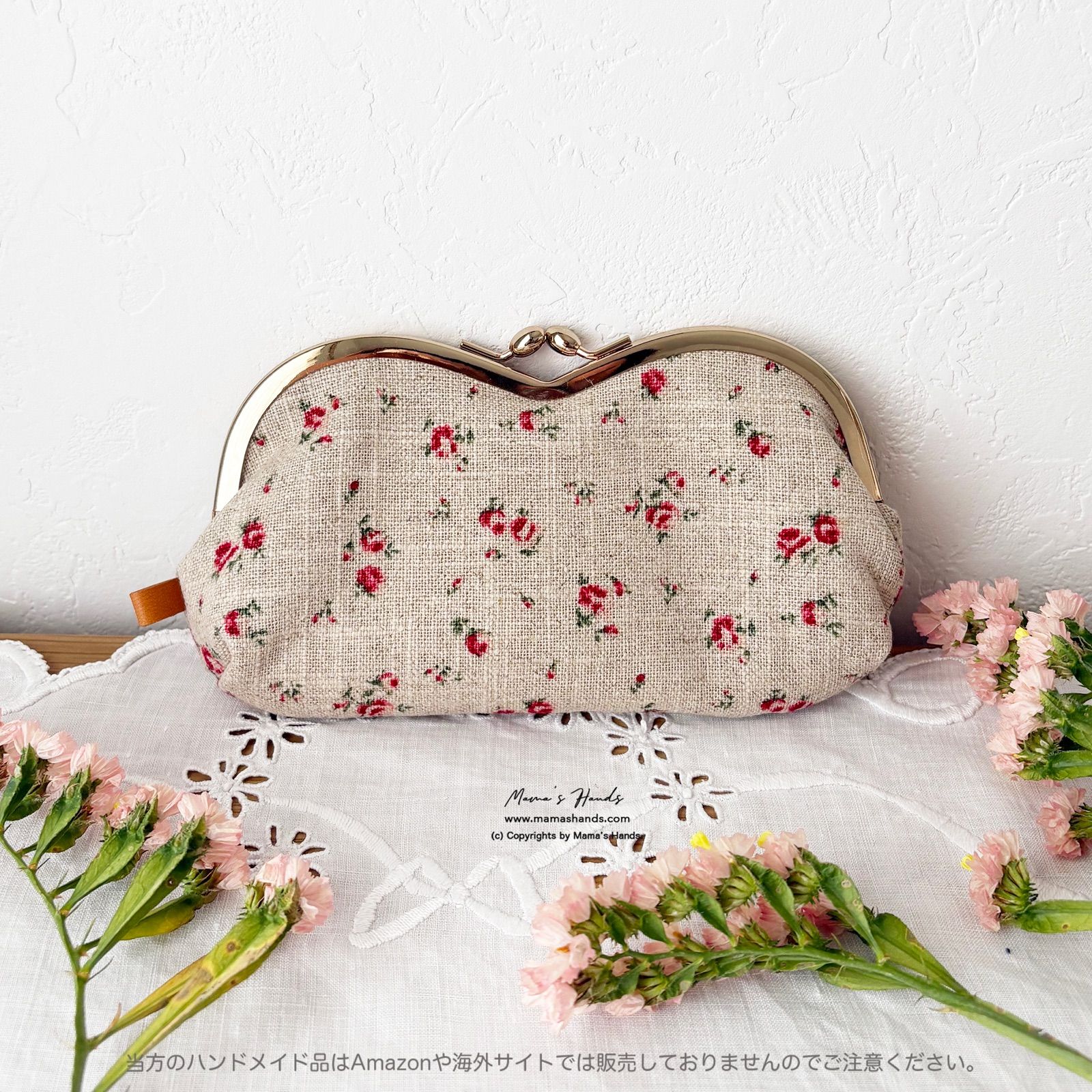 《リネンに咲く薔薇》花柄 リネン 赤 小花 ハート がま口 コスメ メガネケース ポーチ