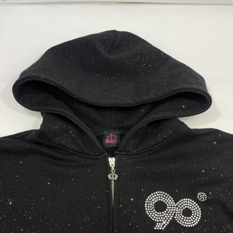 中古】9090 90 Logo glitter Zip Hoodie ブラック size S