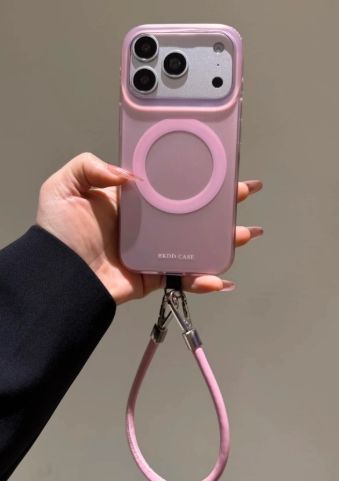 シンプルピンク 磁気吸着 本革 手提げストラップ付き iPhoneケース（iPhone 14/15/16/17 Pro/ProMax対応）