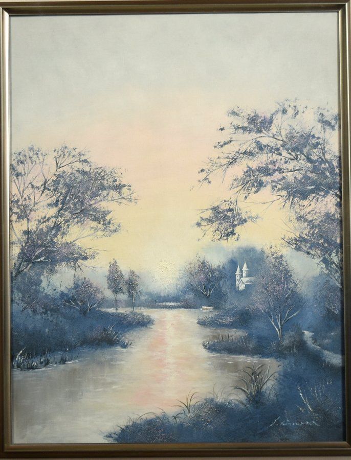 蔵A4836】木村茂 仮「水辺の古城」6号 油彩 現代美術協会会員 - メルカリ