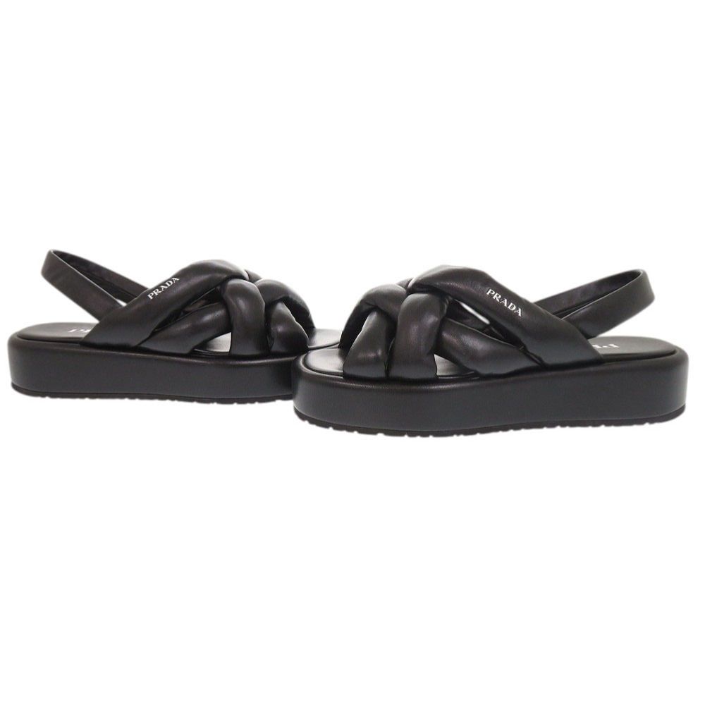 美品 プラダ ロゴ サイズ37 レザー ブラック サンダル 黒 1111 PRADA