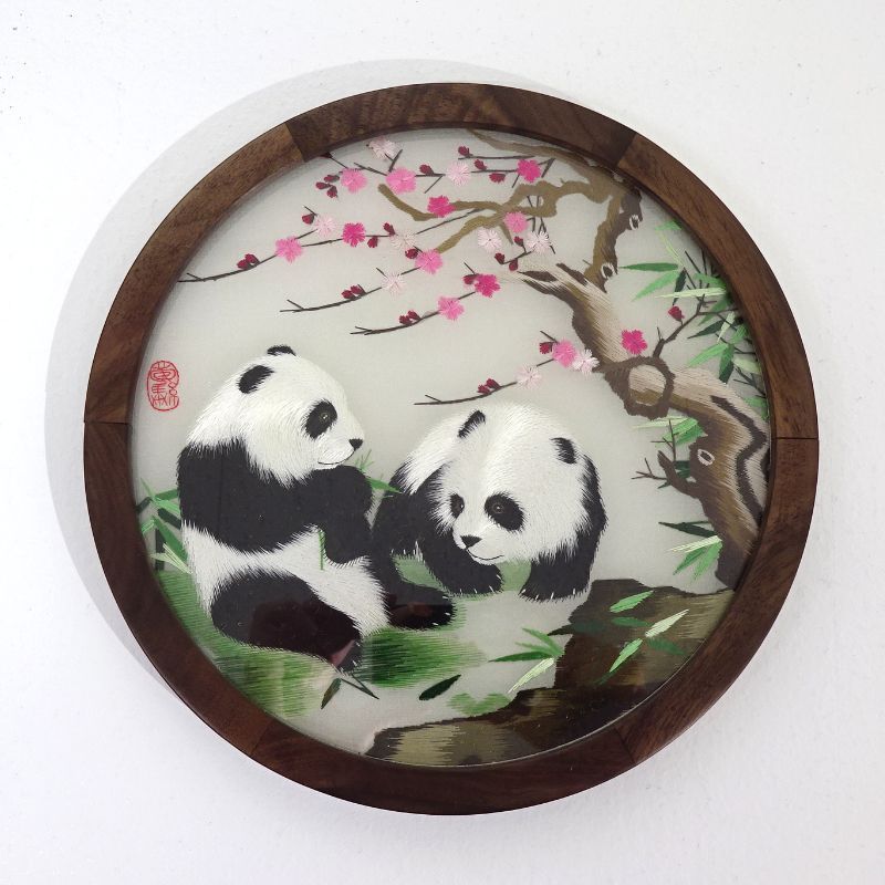 三重店】中国伝統工芸 両面刺繍 パンダ 置物 直径約20cm【426-C621